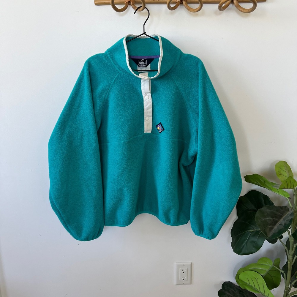 Vintage Woolrich Woman Sunset Gear Teal Fleece Pullover Snap Neck XL Made in USA